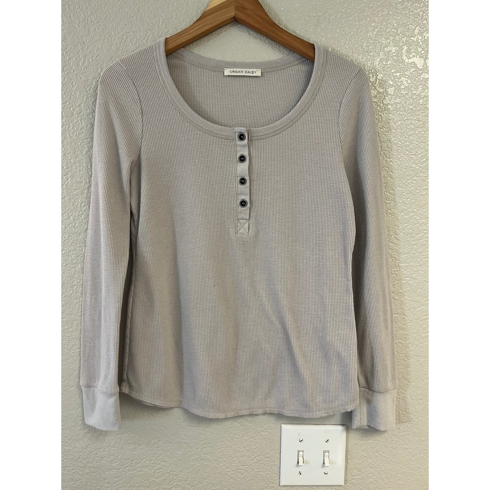 Urban Daizy Womens Waffle Knit Henley Top Long Sleeve Gray Thermal Large